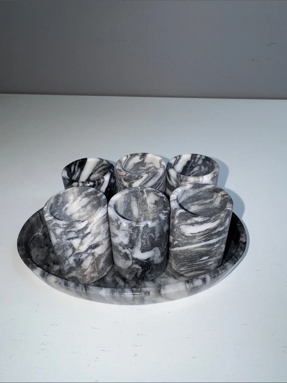 Vintage Gray Marble Six Cup Shot Glass Set with Oval Serving Tray – Hand Carved